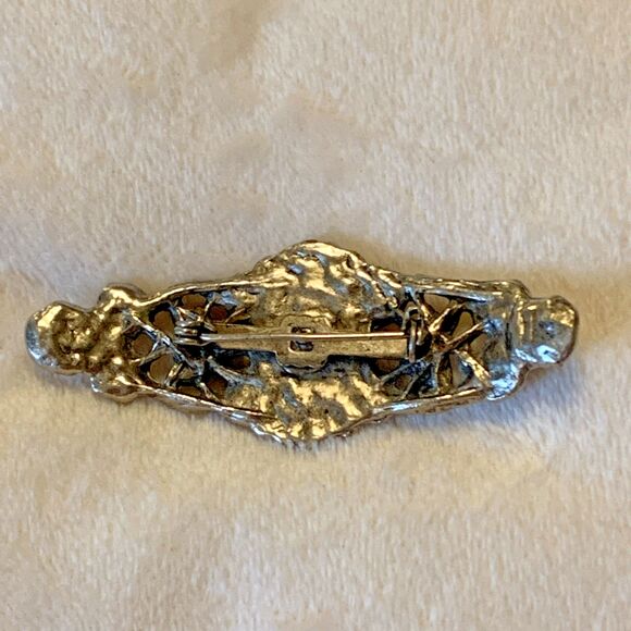 Vintage Antique-Style Floral Filigree Brooch with Glass Cabochon Silver Tone - Picture 3 of 8